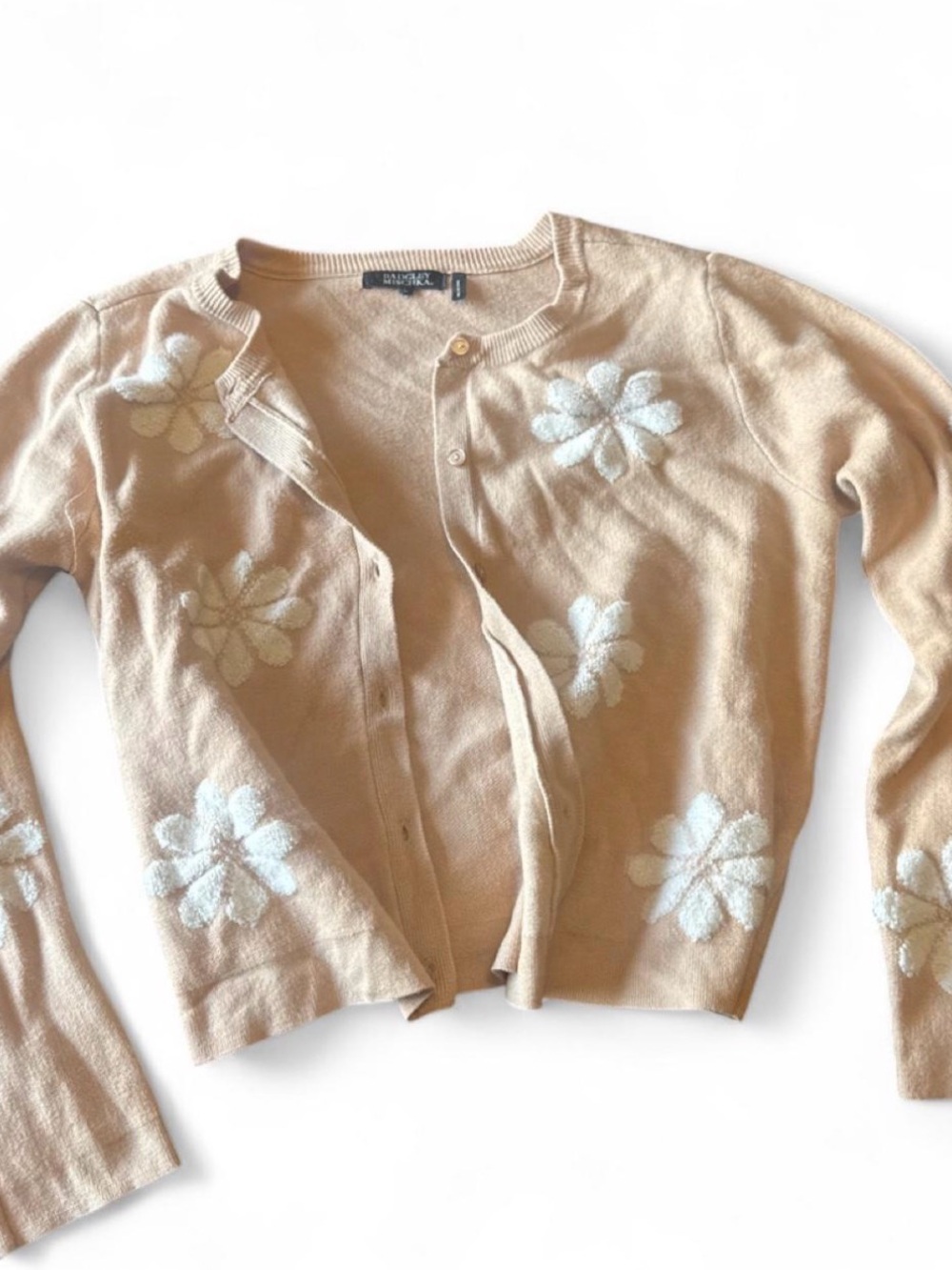 Badgley Mischka Beige Cardigan Sweater With White Daisies